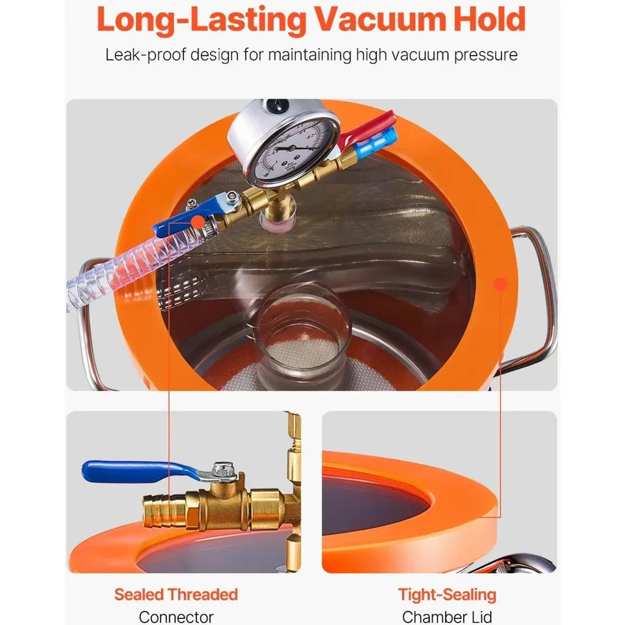 1.5 Gallon Vacuum Chamber Kit, 3.5 CFM Vacuum Pump for Resin Degassing, Stainless Steel Chamber w/Acrylic Lid, Oil, Hose, Silicone Pad - Epoxy, Silicone