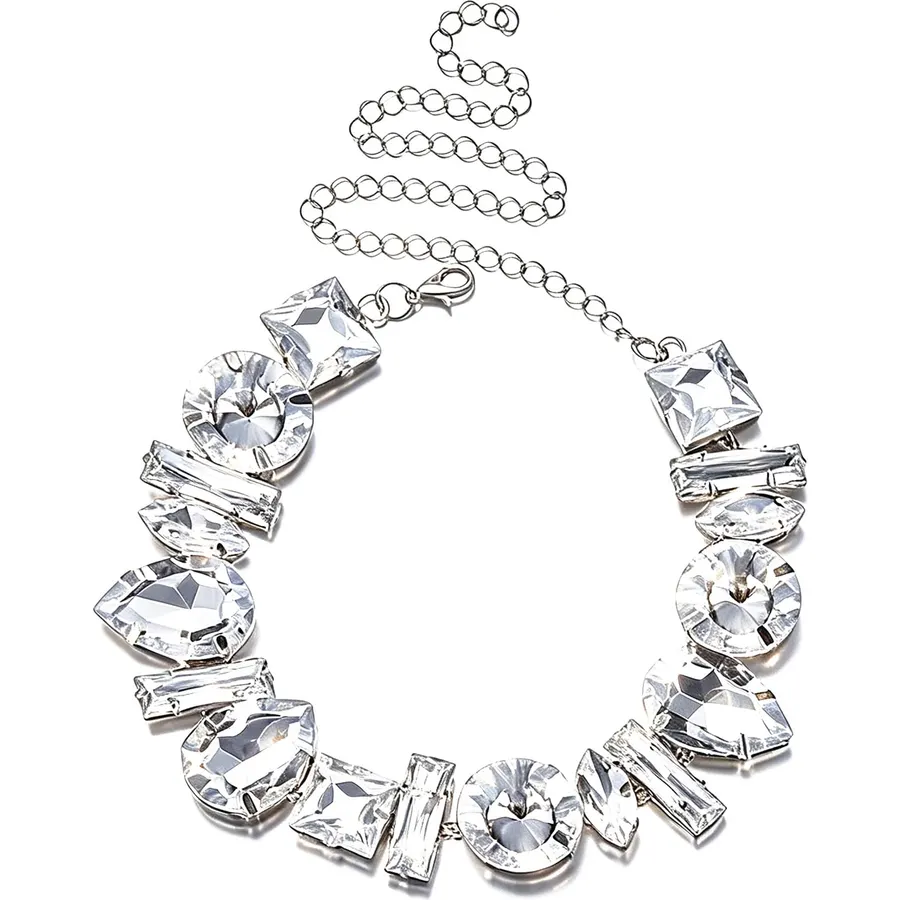1 Pcs Chunky Silver Tone Rhinestone Necklace,Faux Crystal Choker Necklaces for Women,Rhinestone Statement Necklace,Chunky Faux Diamond Necklace,Necklaces Jewelry for Women(Silver)