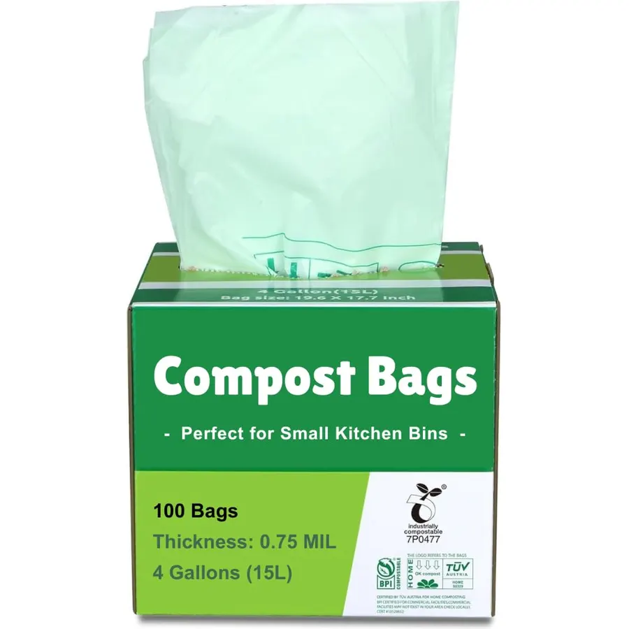 100% Compostable Bags, 4 Gallon (15L) Food Scraps Yard Waste Bags, Extra Thick 0.75 Mil. ASTM D6400 Compost Bags Small Kitchen Trash Bags, 100 Count Certified by BPI & TUV EU
