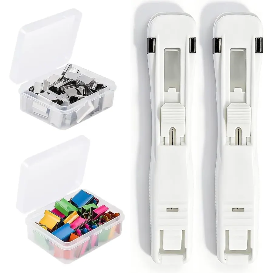 2026 New Handheld Paper Clam Clip Dispenser Large Size with 100 Reusable Clips, Portable Binder Clip Stapler, Mini Push Stapler Clamp Staplers for Desktop Document Home School Desk Office (White)