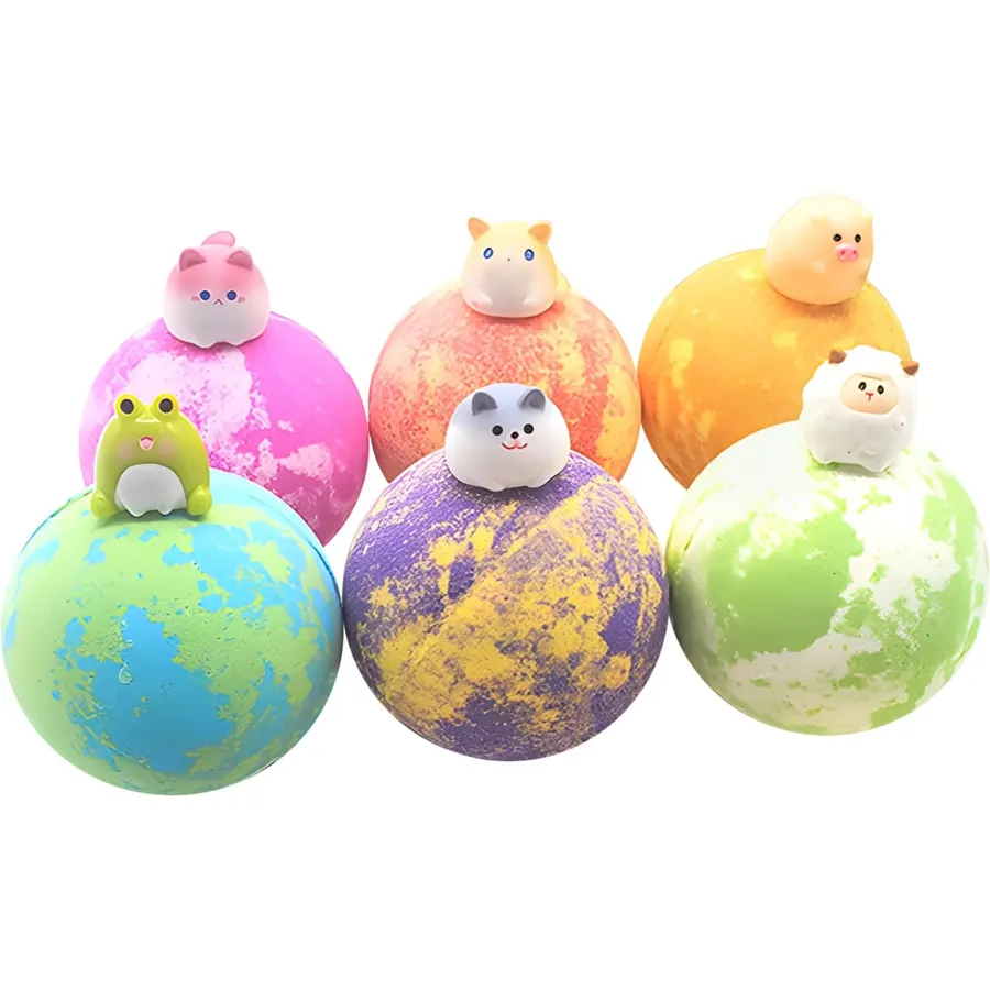 6 Pcs Large Bath Salt Balls with Resin Animal Figures, Earth or Planet Shaped, Relaxing Fizzy Bath Soak, Gentle Moisturizing Formula for Skin, Each 100 g, Colorful Animal Decor, 6 Piece Set