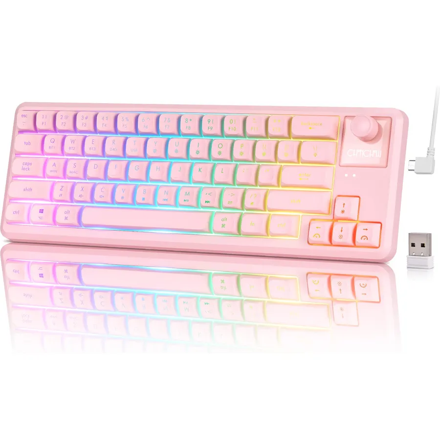 65% Wireless Gaming Pink Keyboard with RGB Light Up, Tri-mode, Volume Knob