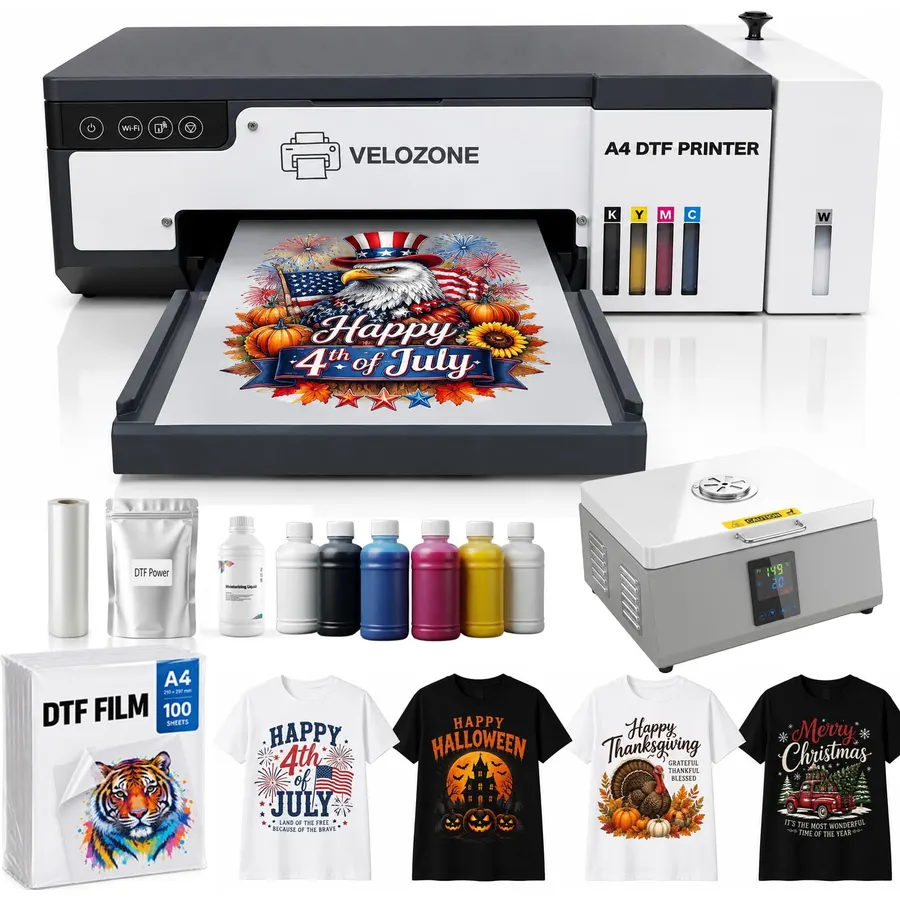A4 L8058 DTF Printer Bundle with Curing Oven, 720 x 1440 DPI CMYK+W Direct to Film Printer, AcroRip for Windows, Ink, Powder and 100 A4 Film Sheets