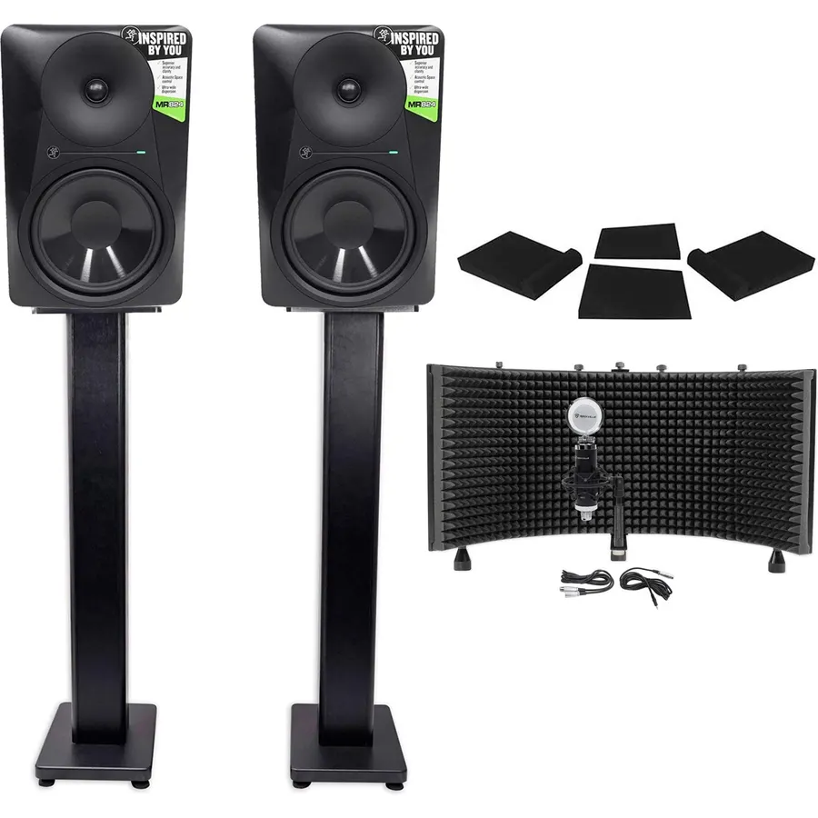 Audiosavings Bundle: (2) MR824 8 170W Powered Studio Monitors Bundle with (2) Rockville 36" Stands + Foam Pads + Condenser Mic w/Metal Shock Mount + RockShield 1 Isolation Shield (8 Items)