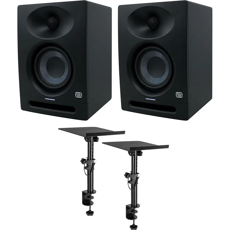 Audiosavings Bundle: (2) Eris Studio 4 Powered Active 4.5" Studio Monitor Speakers w/EBM Waveguide Bundle with Rockville DMS75 Pair Studio Monitor Speaker Stands, Desk Clamp, 15-Degree Tilt (3 Items)