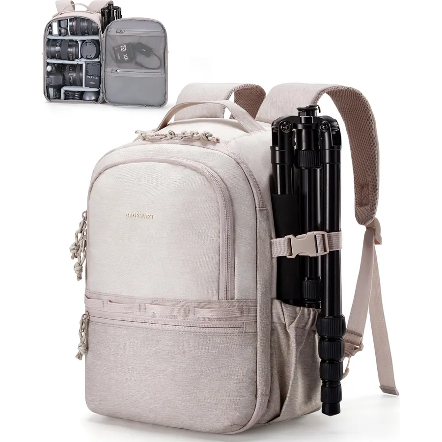 BAGSMART 2 in 1 Small Camera Backpack for DSLR, Beige