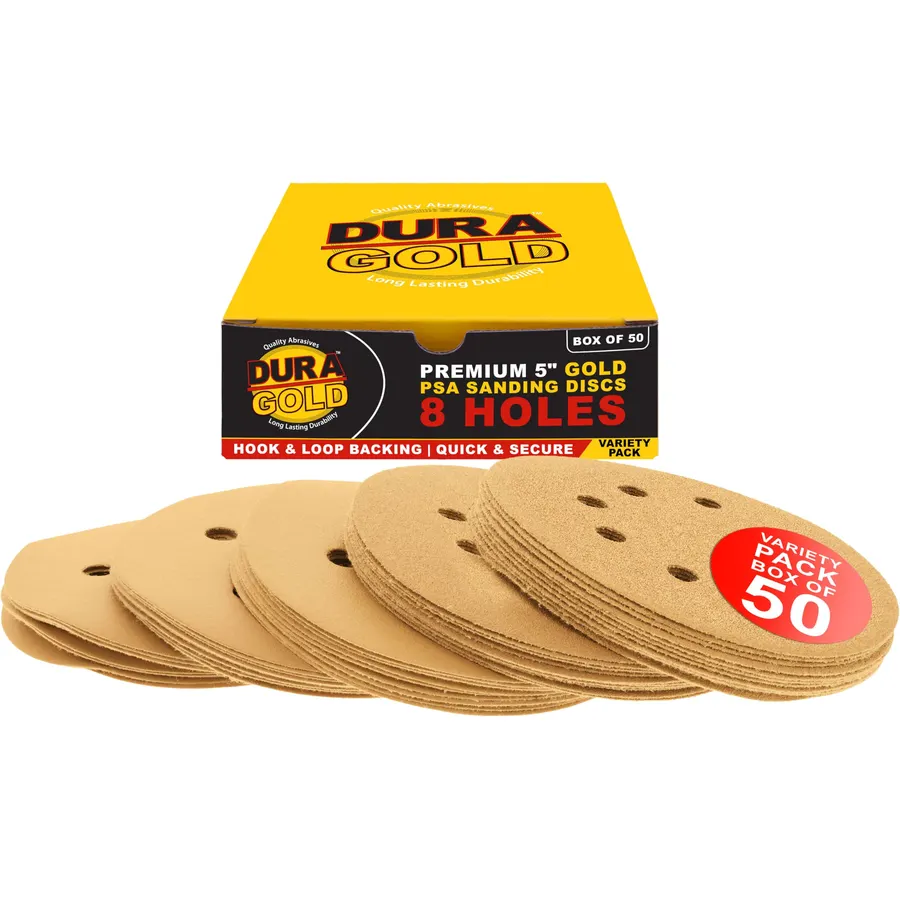 Dura-Gold 5″ Gold Sanding Disc Grit Assortment, 8 Hole Pattern