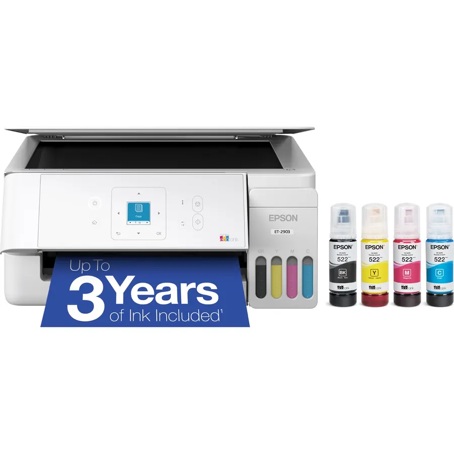 Epson EcoTank ET-2903 Wireless All-in-One Color Supertank Printer with up to 3 Years of Ink, Refillable Tanks, Perfect for Home, 11 PPM, 1.44" Color Screen, Built-in Scanner – White