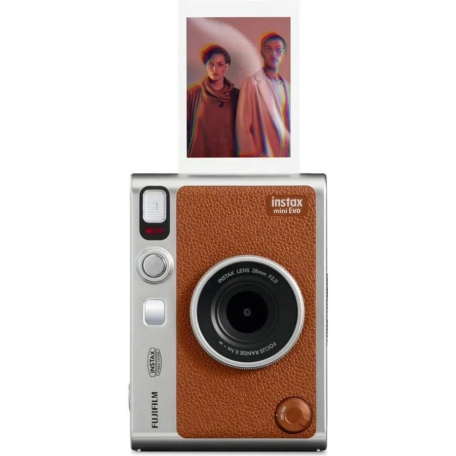 Fujifilm Instax Mini EVO Hybrid Instant Camera with Instax Mini Twin Pack Film, 32GB microSD Card and Camera Case, Brown