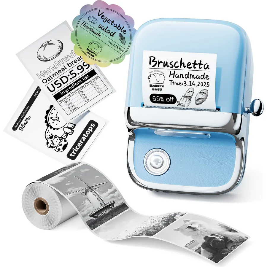 Label Maker Machine with Tape, 20-50mm Mini Bluetooth Label Printer, Blue