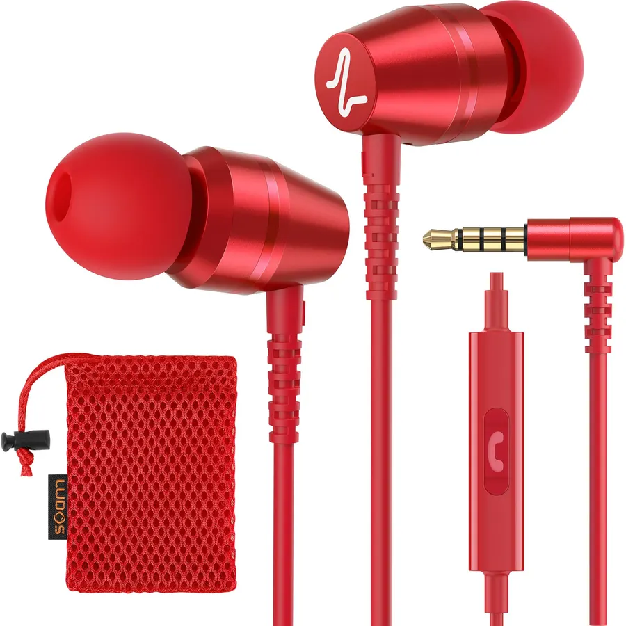 LUDOS OMNITONE Wired Earbuds in-Ear Headphones, 5 Year Warranty, Earphones with Microphone, 3.5 mm Jack Corded Ear Buds, Videoconference for iPhone, Samsung, Laptop, Kids, School Students - Red