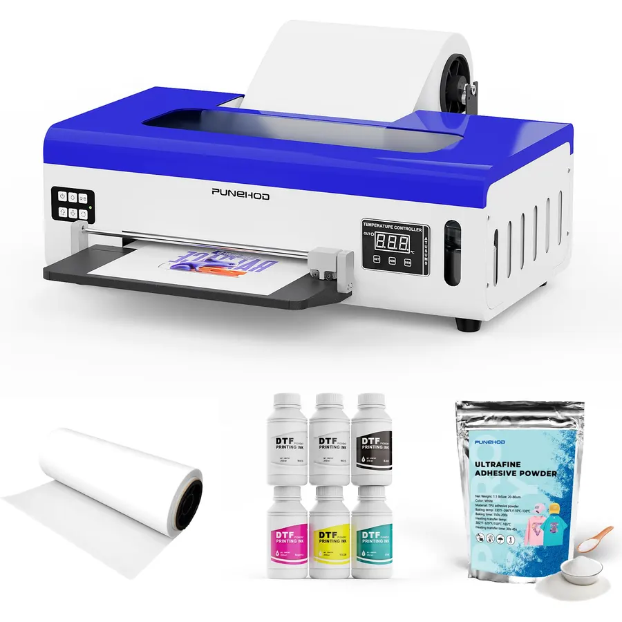 PUNEHOD DTF Printer A4 L800 with Roll Feeder, DTF Transfer Printer Machine with White Ink Circulatory for DIY Print Dark and Light Fabrics (A4 L800+DTF Ink+Powder+Roll Film)