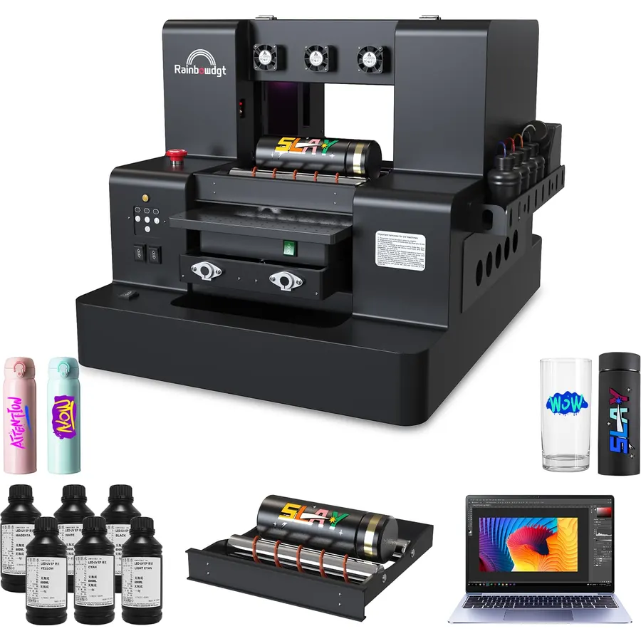 RAINBOWDGT A3 UV Printer Machine,5760x2880 DPI,Bottle Holder & Stickers